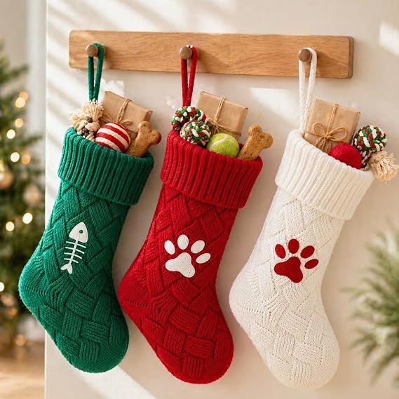 Personalized Dog Hanging Sock, Custom Embroidered Pet Gift Bag, Bone Shape Knit Storage Sock for Dogs & Cats, Large Decorative Pet Holder (White