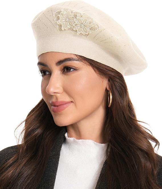 Flower Embroidery Beret Hat for Women, French Style Knitted Beret Hats, Stylish Solid Color Beret Cap for Women Girls Lady
