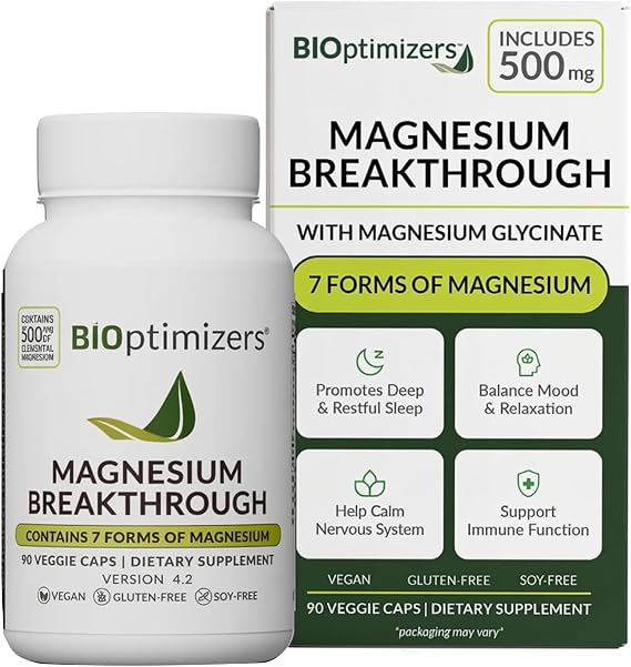 BIOptimizers Magnesium Breakthrough Supplement with 500mg - 7 Forms of Magnesium: Glycinate, Malate, Citrate, and More - Natural Support for Sleep and Cognitive Function -90 Capsules- Calming Vitamins