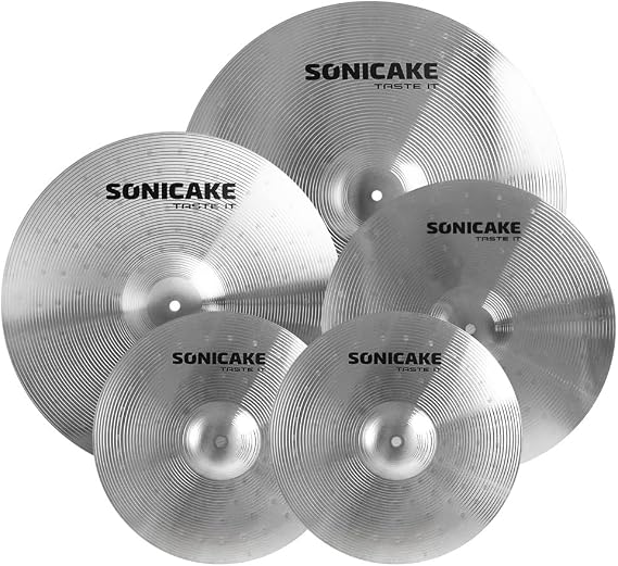 SONICAKE Cymbal Pack Alloy Cymbals Drum Cymbal Set 14"Hi-hats+16"Crash+18"Crash+20"Ride 5 Pieces, Sliver