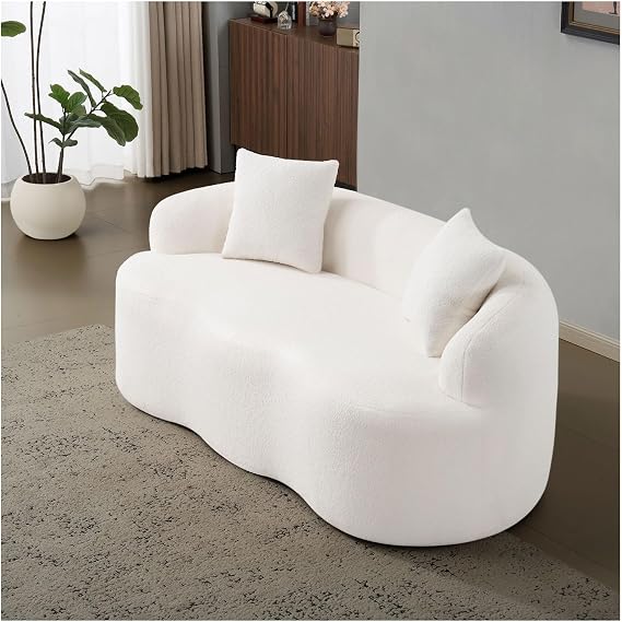 Curved Loveseat Sofa with Round Armrest, Couch with 2 Pillows, Couch for Small Space, Living Room, Bedroom, No Assembly,White