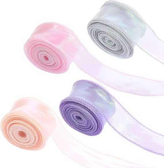 4 Rolls Iridescent Organza Ribbon Sheer 4 Colour Organza Ribbon, Sheer Easter Craft Decorative Ribbons 10 Yards Wired Chiffon Ribbons for Flowers Floral Bouquets Garlands Wedding Gift Wrapping Hair