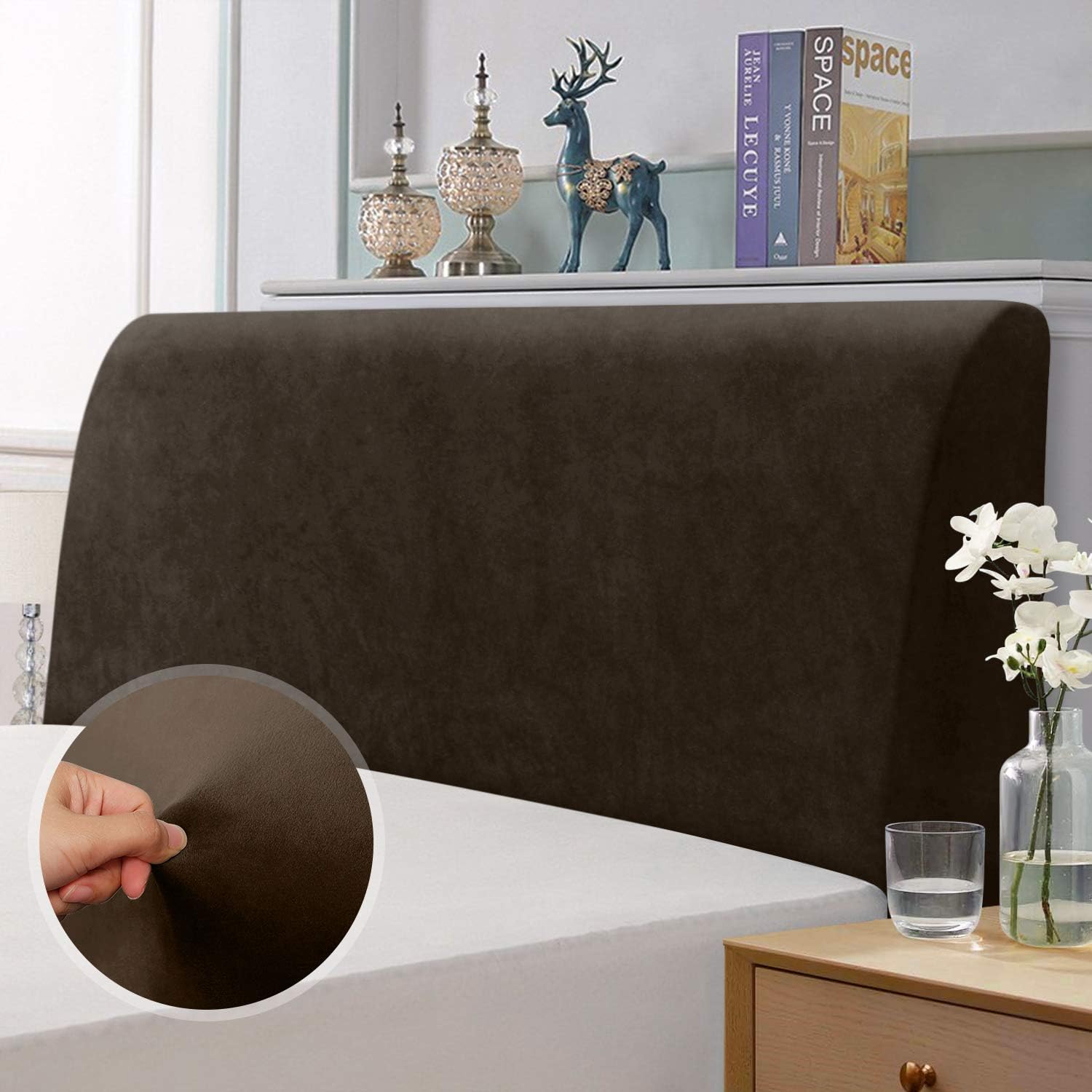 Bed Headboard Cover, Elastic Headboard protection cover, all-inclusive design solid color elastic protection, Brown 150-170 cm