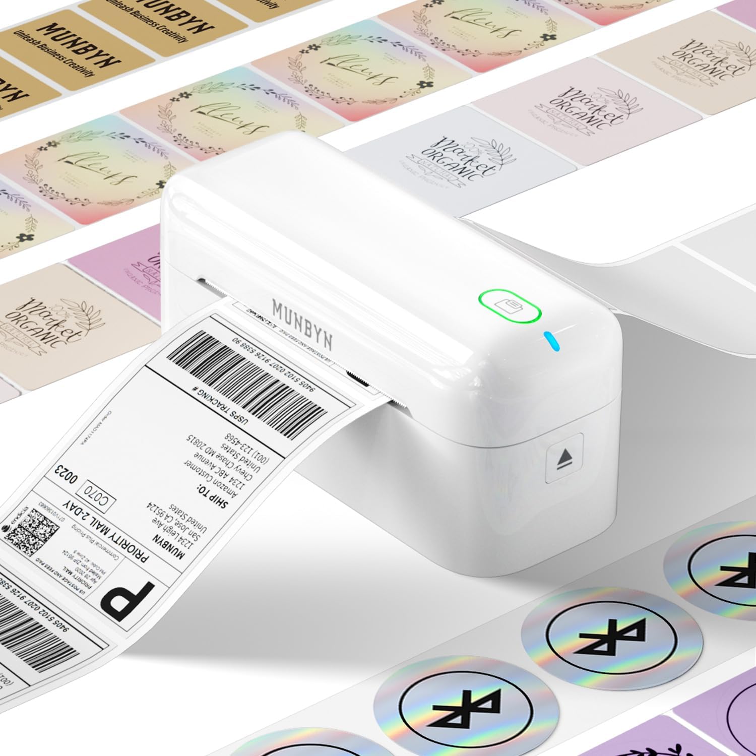 MUNBYN Thermal Label Printer Bluetooth 402B, 2025 Technology Precise Prints, Compatible Amazon, Shopify, La Poste, Colissimo, Mondial Relay, Parcel Relay, White