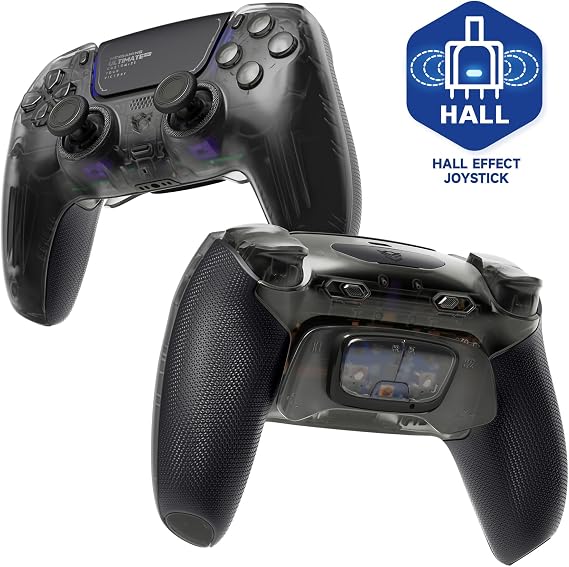 HEXGAMING ULTIMATE PRO Gaming Controller PS5/PC/Mobile Compatible, Hall Effect version – 4 assignable back buttons, 6 custom profiles, adjustable trigger, 8 interchangeable thumbsticks matte clear black