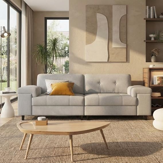 85 Inch Modern 3 Seater Sofa Couch with Adjustable Armrests,Living Room Sofa with Plush Chenille Fabric,Couch with Button Tufted Backrest for Living Room & Bedroom,Easy Assembly(Light Grey)