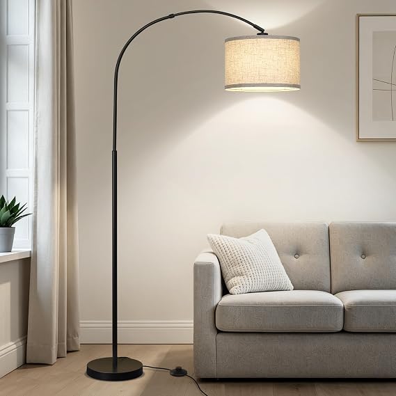 Seaside village Arc Floor Lamps for Living Room, Modern Standing Lamp with Adjustable Hanging Drum Shade, Tall Pole Lamp with Foot Switch, Over Couch Arched Reading Light for Bedroom, Office (Black)