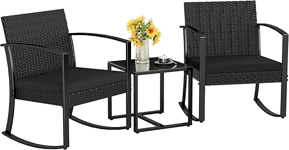 Homall Patio Furniture Set 3 Piece Resin Outdoor Bistro Set Rocking Patio Chairs with Cushions and Table for Porch, Poolside, Balcony and Yard (Black) | Patio Furniture Set 3 Piece Rocking Patio Chairs with Cushions and Table for Porch, Poolside, Balcony and Yard