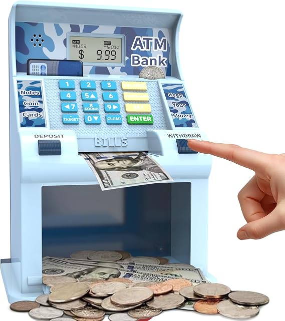 ATM Piggy Bank for Kids,ATM Bank Cash Coin Saving for Real Money with Debit Card,Coin Recognition, Balance Calculator, Electronic Savings Safe Box,Gift for Ages 6-13 Piggy Bank