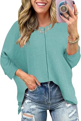 Poetsky Womens 2025 Spring 34 Sleeve Crewneck Waffle Knit Shirt Loose Casual Side Split Tunic Tops