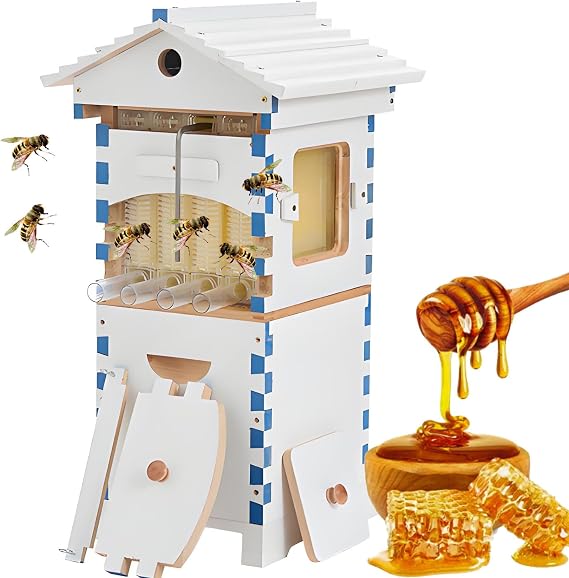 Beehive Starter Kit, Self-Flow Hive with Observation Window &amp; Honey Spout, Complete Wooden Bee Box with 4 Frames &amp; 6 Honeycomb Trays, for Garden Pollinators