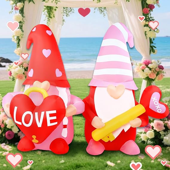 Valentines Day Inflatables Outdoor Decorations, 6FT Long Inflatable Gnomes Couple Hold Love Heart Lock & Key with LED Lights, Valentines Blow Up Yard Decoration for Valentine Indoor Outdoor Decor