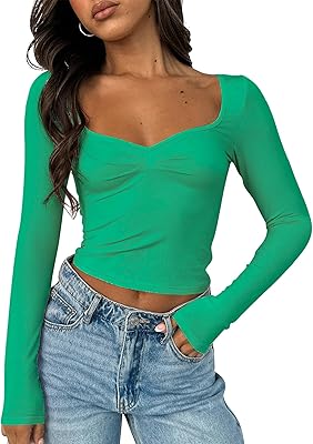 Womens Long Sleeve Going Out Crop Top Sexy Pleated Trendy Shirt Sweetheart Neck Y2K Ruched Cropped Tops