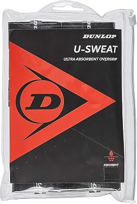 Dunlop Sports U-Sweat TennisSquashBadmintonPadel OVERGRIP 3-Pack, 12-Pack, 30-Pack Roll Black & White Colors Super Absorbent, Moisture Wicking Construction, Comfortable, Cushioned Surface