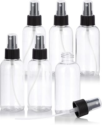 JUVITUS 4 oz  120 ml Clear Plastic PET Boston Round Bottle BPA Free with Black Fine Mist Spray 6 pack