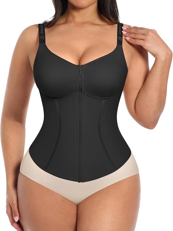 SHAPELLX Corset Tops for Women Waist Trainer Belly Fat Tummy Control Shapewear Waist Cincher Vest Postpartum Body Shaper Black