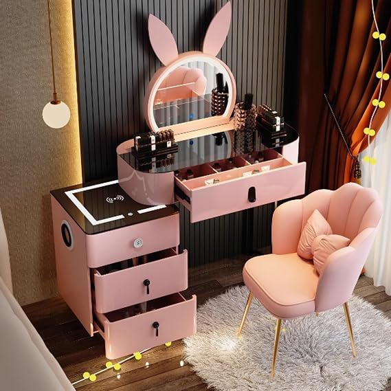 Pink Dressing Table Smart Vanity Set - Modern Makeup Vanity Dsek With Drawers &amp; Charging Station &amp; Speaker,Free Retractable Side Cabinet, Makeup Vanity Desk Set, Girls Women Vanity Desk