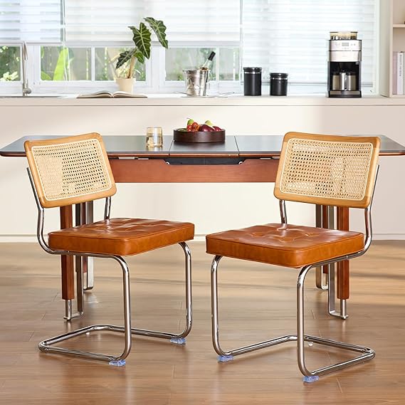 GrandNoor Rattan Dining Chairs Set of 2, Faux Leather Mid Century Modern Dining Room Chairs, Mesh Back Cane Kitchen Chair, Cesca Design Chairs with Metal Chrome Legs, Brown Leather