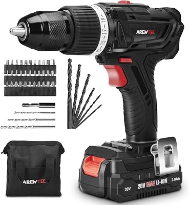 Cordless Drill with Hammer Action, 20V Drill Driver 2.0Ah Lithium-Ion Battery 45NM 398 In-lbs with 2 Speed,12 KEYLESS METALLIC CHUCK,192 Torque Adjustment,1 Hour Fast Charger Drill