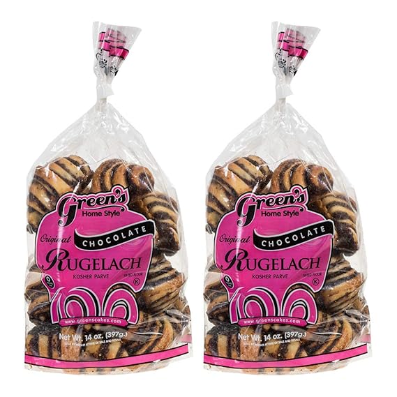Green's Bakery Chocolate Rugelach Croissant, 2 Pack 14 oz. Fresh Bakery Food, Breakfast Pastery, Dairy and Nut Free, OK Certified Kosher and Pareve, Delicious Croissant for Holidays, Birthdays and Parties