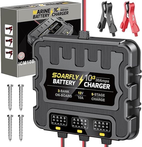 3 Bank Marine Battery Charger, 12V 30A (10A/Bank) Smart Waterproof Onboard Boat Battery Charger, Battery Maintainer & Desulfator for SLA/AGM/Lithium (LiFePO4), Calcium and Deep-Cycle Batteries