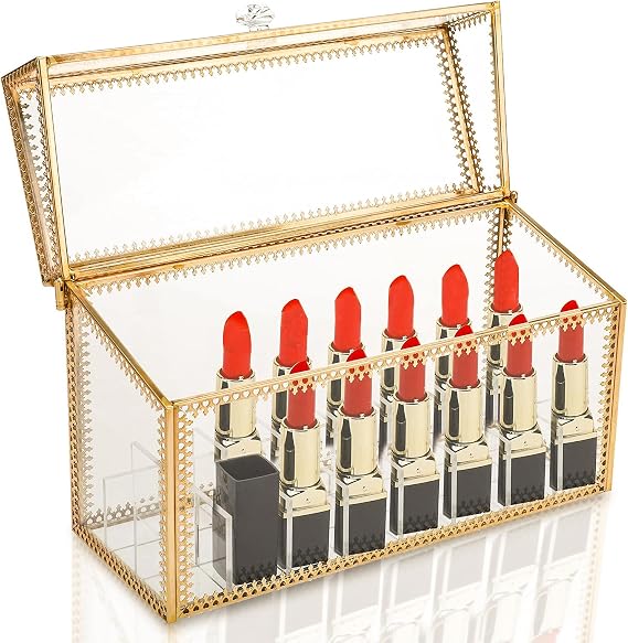 HighFree Glass Lipstick Organizer with Lid, 24-Slot Vintage Lipstick Holder | Lip Gloss Organizer, Clear Gold Vintage Display Box with Removable Dividers for Lipsticks, Lip Gloss, Nail Polish