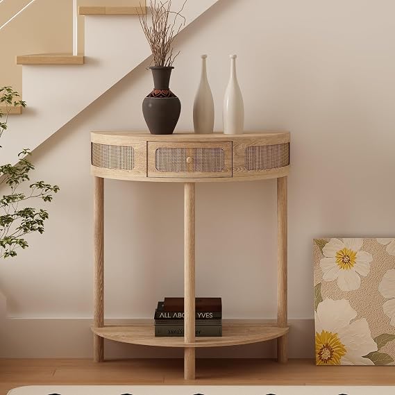 Wnutrees Rattan Half Moon Console Table, Modern Entryway Table with Drawer, Boho Sofa Table with Bottom Storage Shelf, Small Semicircular Tables for Hallway, Living Room, Natural