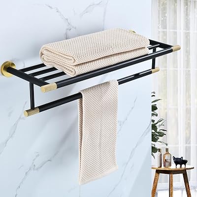 Black Brushed Gold Towel Rack 24 Bath Towel Shelf with Towel Bars SUS304 Matte Black Stainless Steel Wall Mounted,Modern Bathroom Storage Shelf