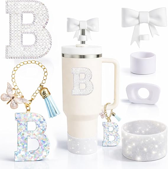 6PCS White Stanley Cup Accessories Set Fit for Stanley Cup 30oz 40oz. Including Handle Charm, Personalized Initial Sticker, Straw Topper, Sparkly Silicone Boot, Spill Proof Stopper (Letter-B)