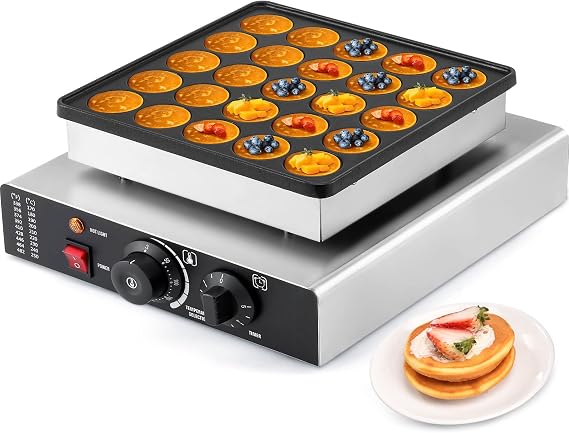 LANUEVA Mini Dutch Pancake Maker with Recipe, 25pcs 1.8" Electric Pancake Maker Baker Machine Non-Stick Coating, Stainless Steel, Fast Heating, Home & Commercial Use (110V)