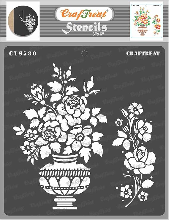 CrafTreat Stencils for Scrapbooking Flowers Stencils for Painting on Wood, Walls, Furniture, Canvas, Cards, Paper, Fabric & Tile Rose Vase Floral Reusable Stencil Design 6x6-Inch Rose Stencil