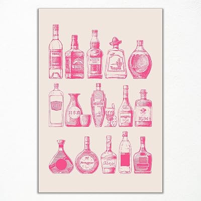 Xianyojafa Pink Bar Cart Wall Art, Coquette Trendy Alcohol Bottles Poster, Girly Aesthetic Bar Cart Art Canvas, Funky Cocktail Wiskey Art Picture, College Dorm Apartment Decor 12x16in Unframed