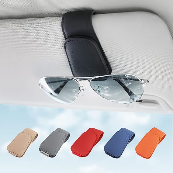 KanSmart Sunglass Holder for Car Sun Visor Magnetic Sunglasses Clip Leather | sun visor organizer, ticket card clip, universal auto interior accessories, one-handed magnetic, anti-scratch,eyeglass holder