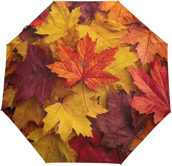 Wamika Red and Orange Autumn Leaves Umbrella Automatic Open Close Fall Maple Leaf Anti-UV Umbrellas Compact Windproof Lightweight Parasol Umbrella for Travel Car School Sun & Rain
