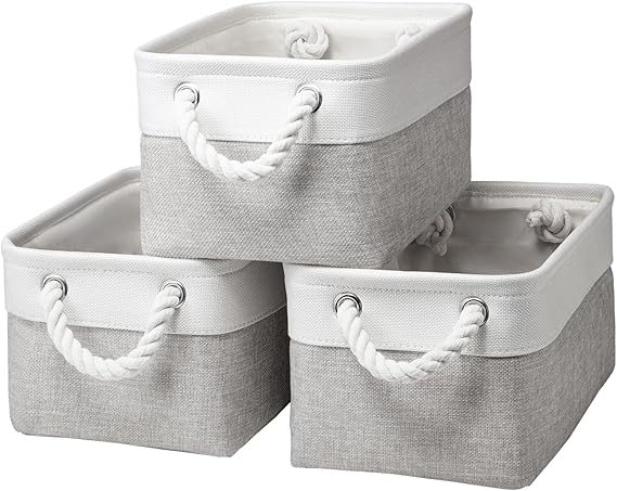 Small Storage Baskets With Handles, Fabric Canvas Material Storage Box for Home Office Products Organize, Small Storage Box Fit Cat Dog Toy, Gift Basket, 31 X 21 X 16 cm (White &amp; Light Grey-3pack)