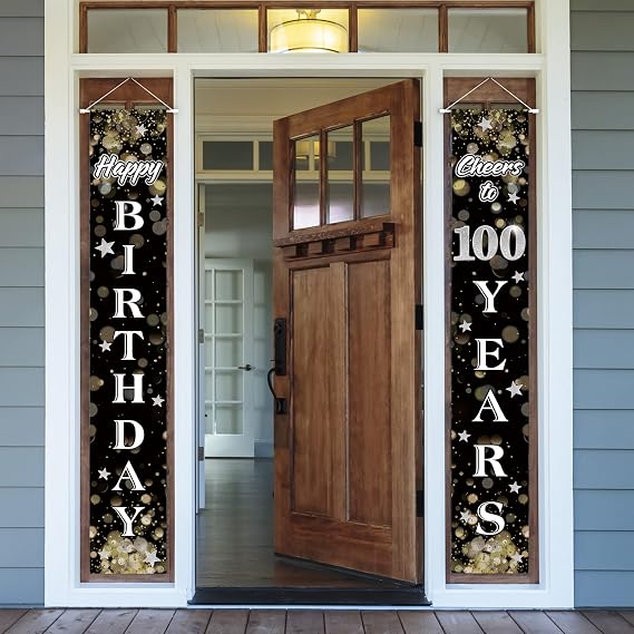 Happy 100th Birthday Decorations,100th Black & Silver Dream Star Birthday Theme Door Hanging Banner Sign - Cheers to 100 Years Old Bday Party Supplies.