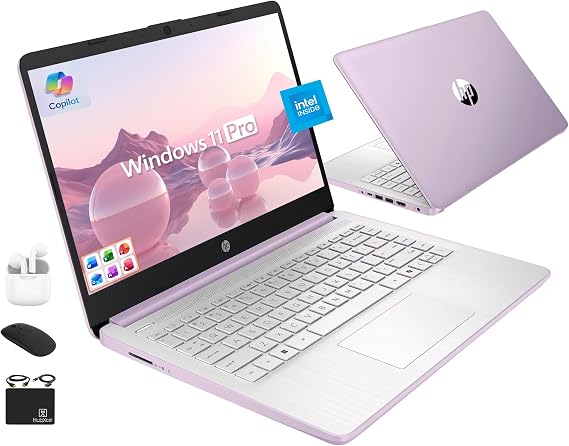 HP Ultrabook 14 Laptop Computer Business Study & Home 2025, Lifetime MS Office + Windows 11 Pro, Quad-Core Intel CPU, 16GB RAM & 628GB Storage (128GB UFS+500GB Ext), WiFi 6, HubxcelAccessory, Lavender