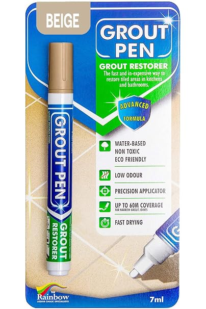 Grout Pen Beige Tile Grout Paint Marker Restorer - Narrow 5mm Tip (7mL) | Waterproof Grout Line Refresher for Kitchen & Bathroom, Colorant and Sealer Pens for Cleaner Looking Grout Lines - Beige