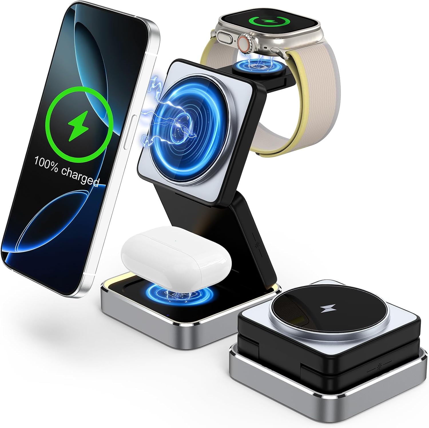 3 in 1 Wireless Fast Charging Station for MagSafe, Portable Foldable Travel Magnetic Stand Dock, for Apple iPhone 16 15 14 13 12 Pro MaxProPlus Series, Apple Watch Series, AirPods Multple Devices