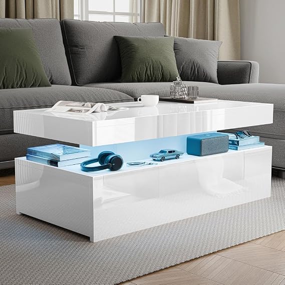 Blisswood High Gloss Coffee Table for Living Room, Rectangle Centre Table with 2 Drawer Storage, Modern Wooden Tea Table with LED RGB Lights for Home, Office &amp; Living Room Furniture - White