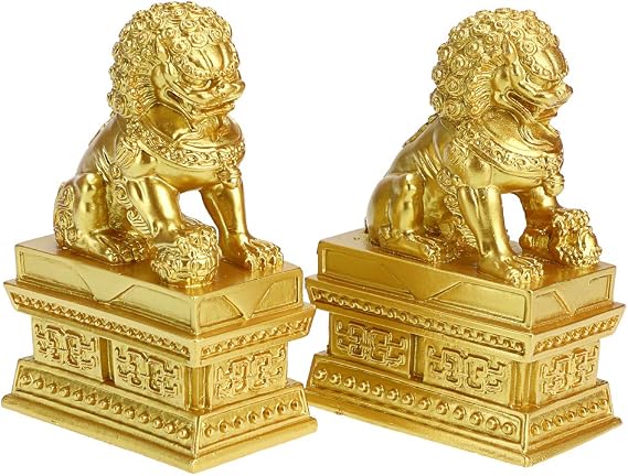 MDLUU Guardian Lion Statues, Pair of Fu Foo Dogs, Feng Shui Lion Sculptures for Cash Register, Office Desk, House Warming, Store Opening Gift, Gold