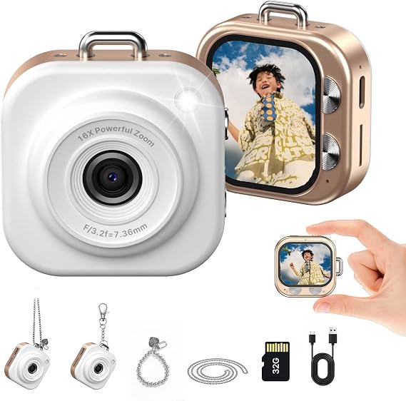 W & O Mini Keychain Digital Camera,1080p Mini Camera Keychain with 32GB Card,Small Cameras for Photography with 750mAh Battery,Pocket-Size Keychain Camera with Chain for Vlog, Party,Travel (Gold)