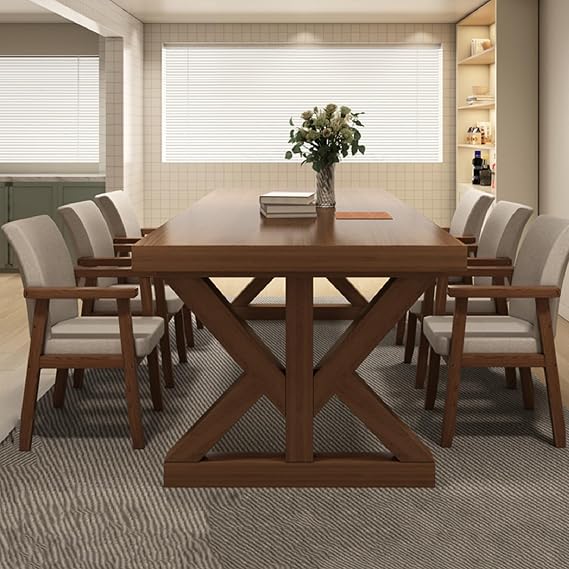 Modern Wooden Dining Table Set with Chairs, Solid Wood Dining Room Table Set for 4 or 6, Kitchen Table and Chairs Set for Dining Room or Home, Rectang Walnut 55.1-inch long dining table + 6 armchairs