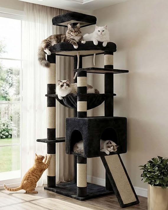 Heybly Heavy Duty Cat Tree, 163cm Tall Tower for Large Indoor Cats with Widened Structure, Cat Furniture with Big Platforms, Extra-Large Hammock, Sisal Scratching Posts &amp; Board, Smoky Gray HCT027G | Stable with Wide Base, Large Spacious Platform, Extra Large Hanging Bed, Sisal Posts and Scratcher, Cat Basket