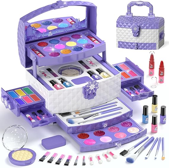 56 Pcs Kids Makeup Set for Girls, Washable Real Cosmetic Toddler Makeup Kit | 2026 New CPF Sustainable Materials, Safety & Non-Toxic, Frozen Toy Birthday Gift for 3 4 5 6 7 8 9 10 11 12 Year Old (Purple)
