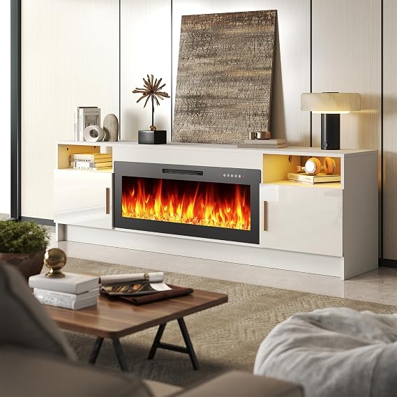70 Inch TV Stand with 36 Inch Electric Fireplace, Modern White Glossy Doors Entertainment Center for TVs Up to 80", TV Media Console with 20 Color LED Lights and Storage Cabinets for Living Room