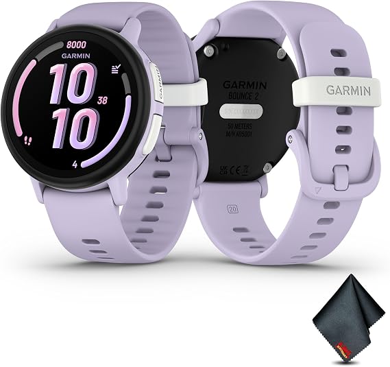 Garmin Bounce 2, Kids Smartwatch with Calling, Messaging and Location Tracking Features, Light Purple Bundle with Microfiber Cleaning Cloth