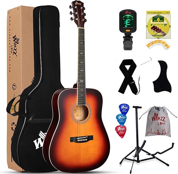 Winzz Acoustic Guitars Full Size, 4/4 Folk Guitar for Beginners Adults, Acoustic Steel-string Guitar Matte Dark Sunburst (41 Inches)