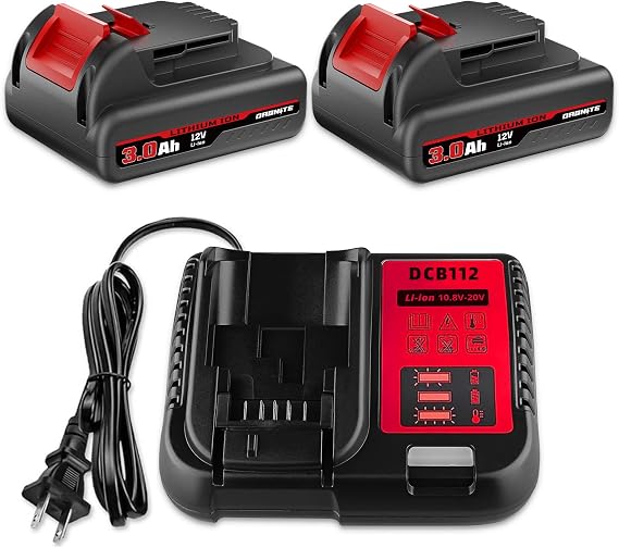 2Pack 3000mAh 12V DCB120 Lithium Battery and DCB112 Charger Replacement for Dewalt 12V Battery DCB120 DCB123 DCB127 DCB122 DCB121 DCB124