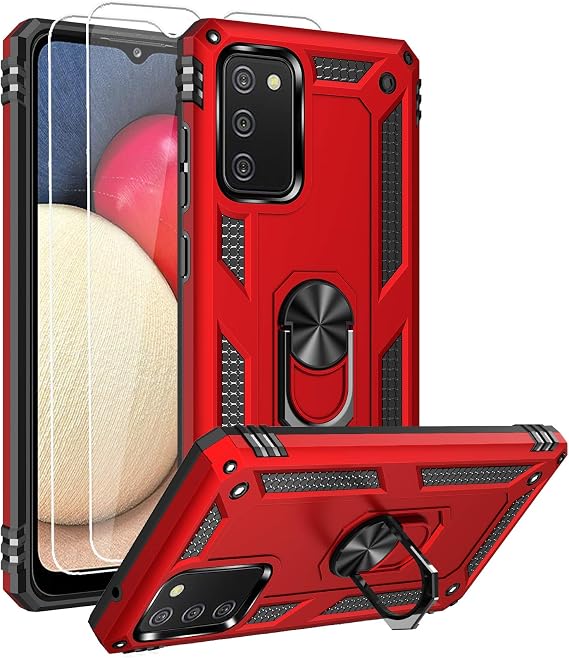 for Samsung A02s Case, Galaxy A02s Case with HD Screen Protector, Military-Grade Ring Kickstand Holder Car Mount 15ft Drop Tested Shockproof Cover Phone Case for Galaxy A02s, Red